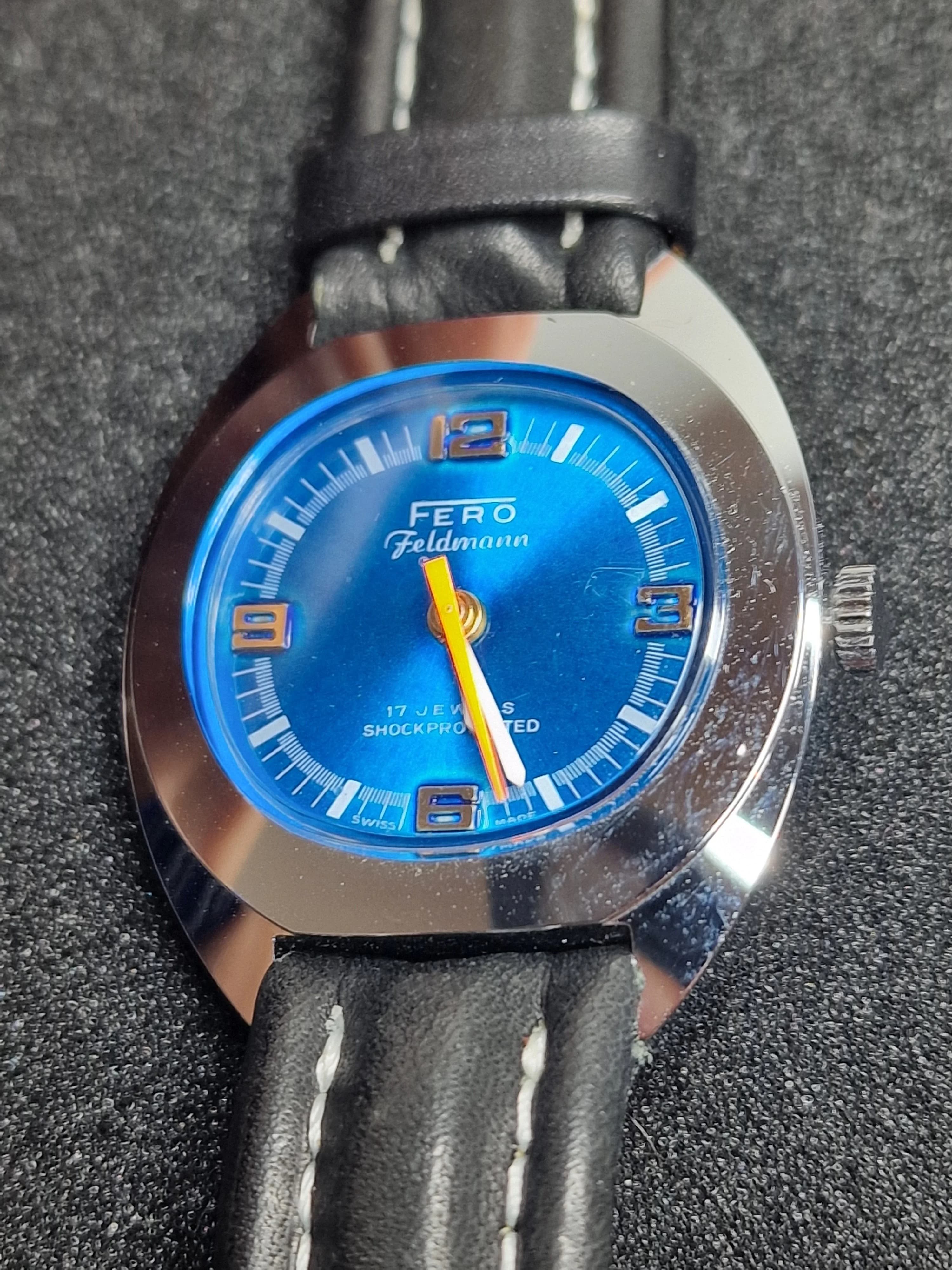 Unworn Vintage Watch "Fero-Feldmann" – Swiss Made, Hand-Wound, 60s/70s, Blue Strap