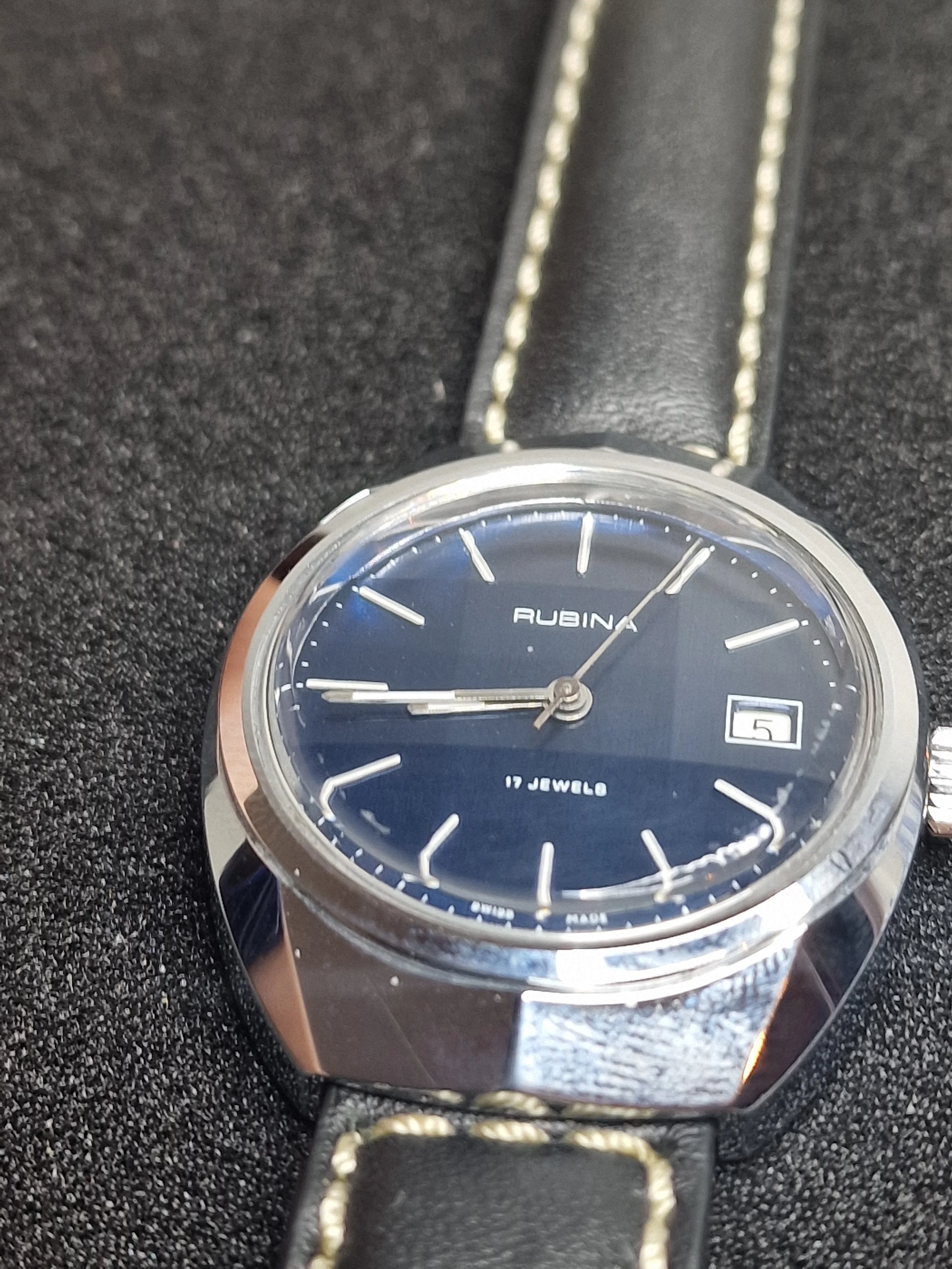 Old Vintage Rubina Watch – Hand-Wound – Swiss Made – Faceted Glass – 70s – 43mm 3