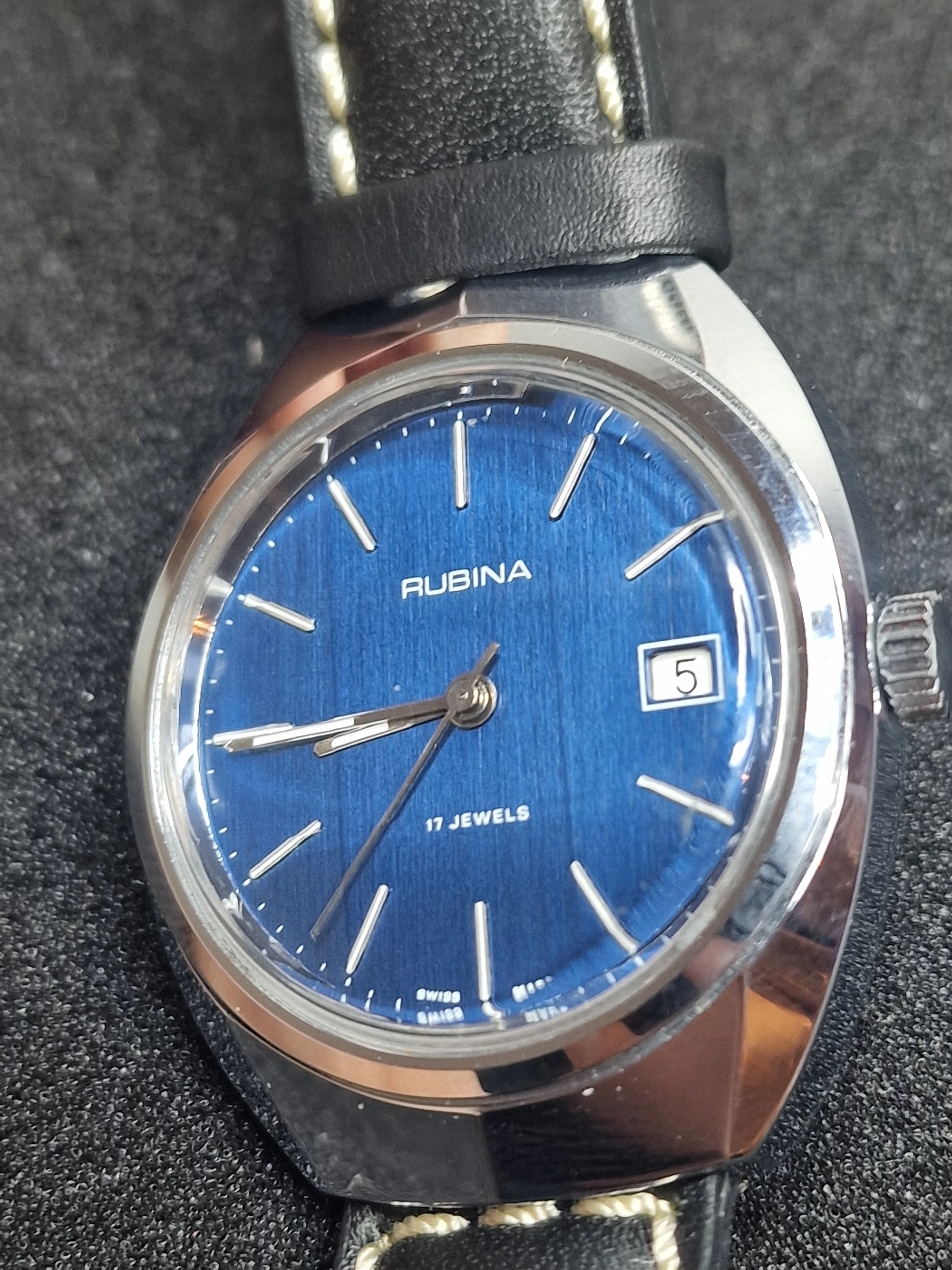 Old Vintage Rubina Watch – Hand-Wound – Swiss Made – Faceted Glass – 70s – 43mm 5